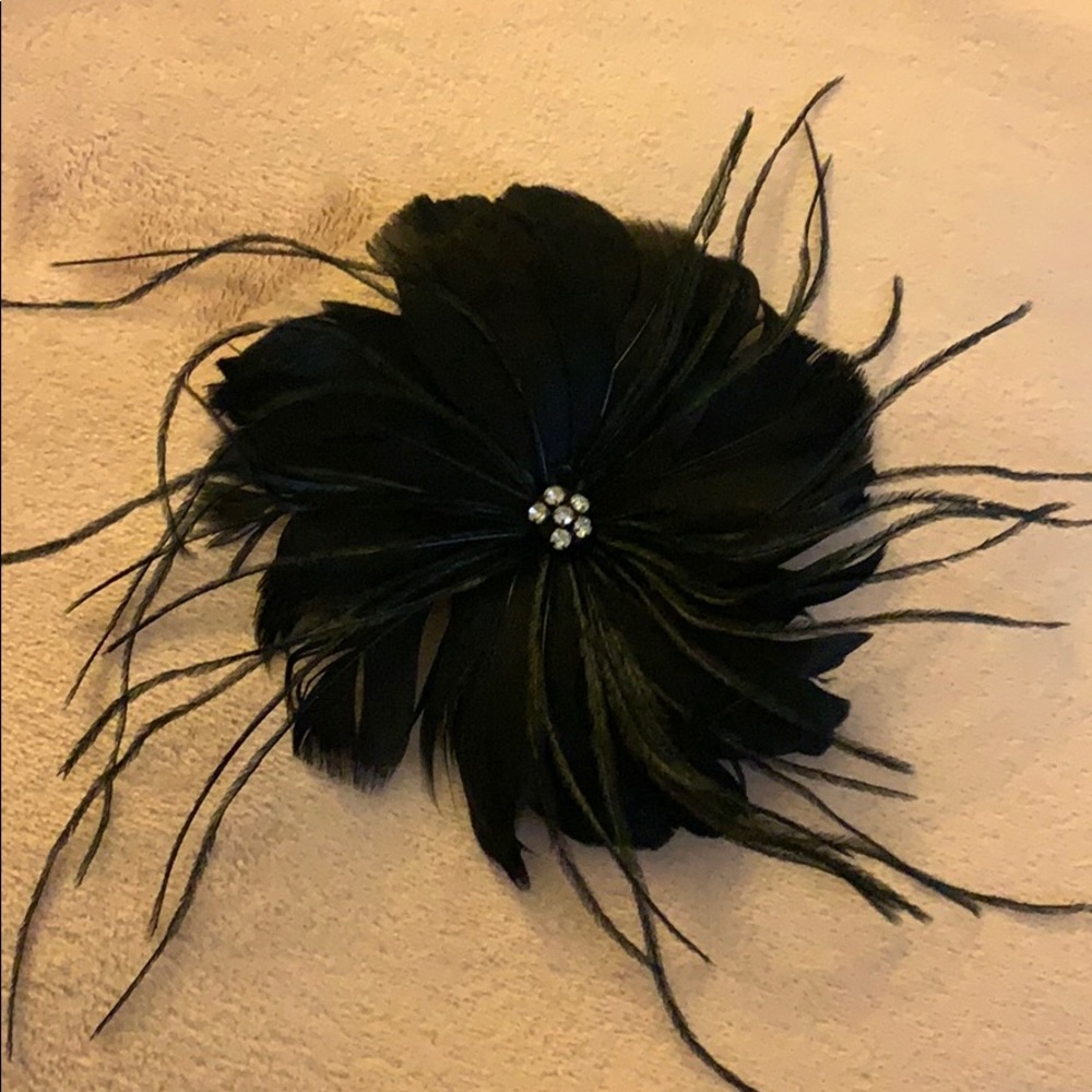 Black Feather and Rhinestone Hair Clip / Broach
